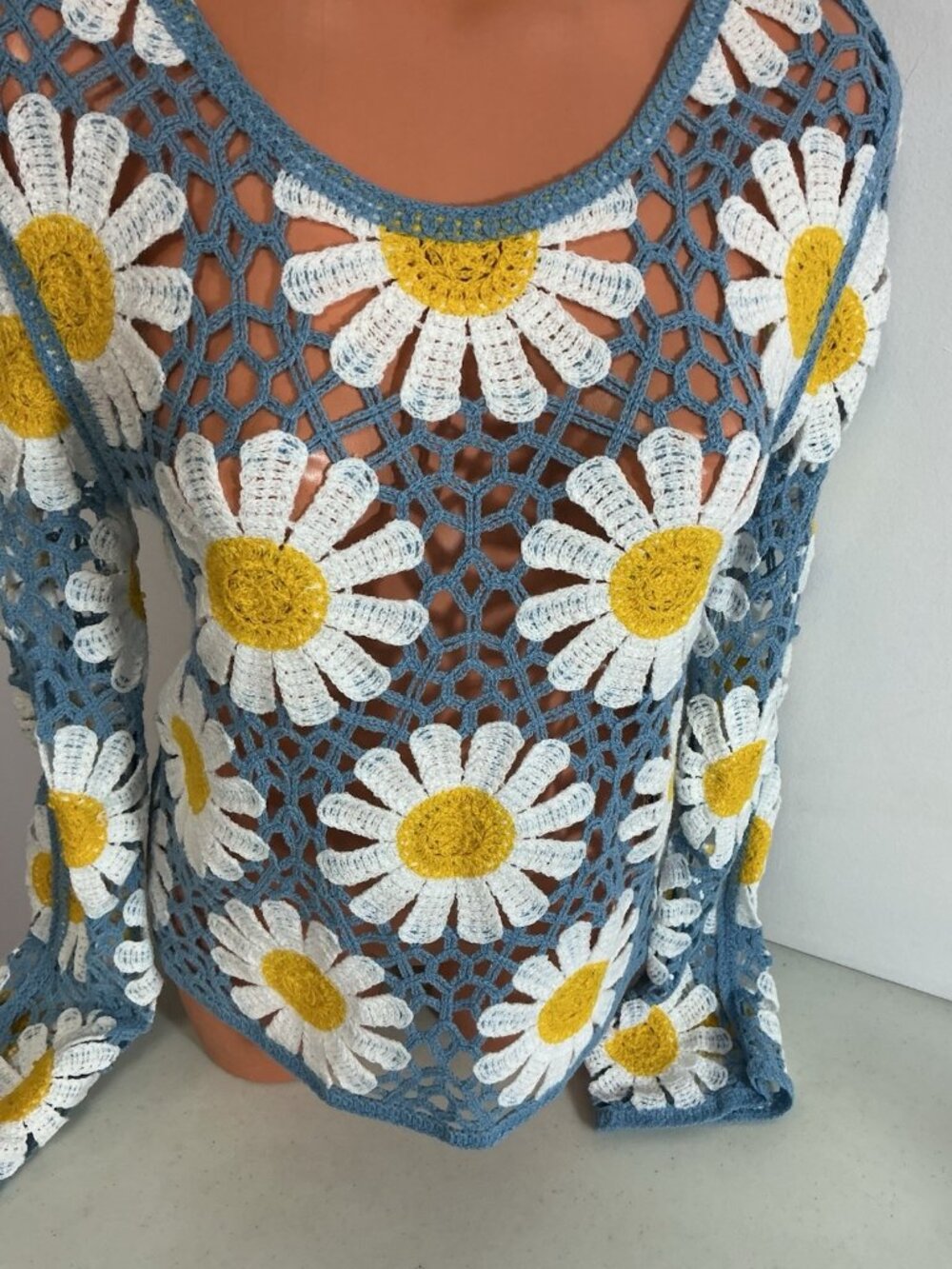 Rebellion Again Daisy Crochet Floral Flared Sleeve Blouse Boho Festival Medium - Picture 7 of 7